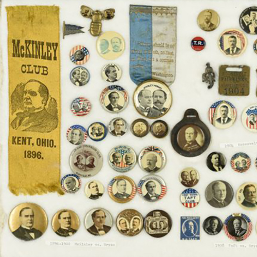 Framed assortment of buttons and pins representing the presidential campaigns of William McKinley versus William Bryan (1896-1900), Theodore Roosevelt versus Alton Parker (1904), and William Taft versus William Bryan (1908). Most are typical round buttons showing the portraits of the candidates, but a few oddities appear, such as a bee with McKinley and Hobart's portraits on the wings, and a metal button of Theodore Roosevelt riding an elephant.